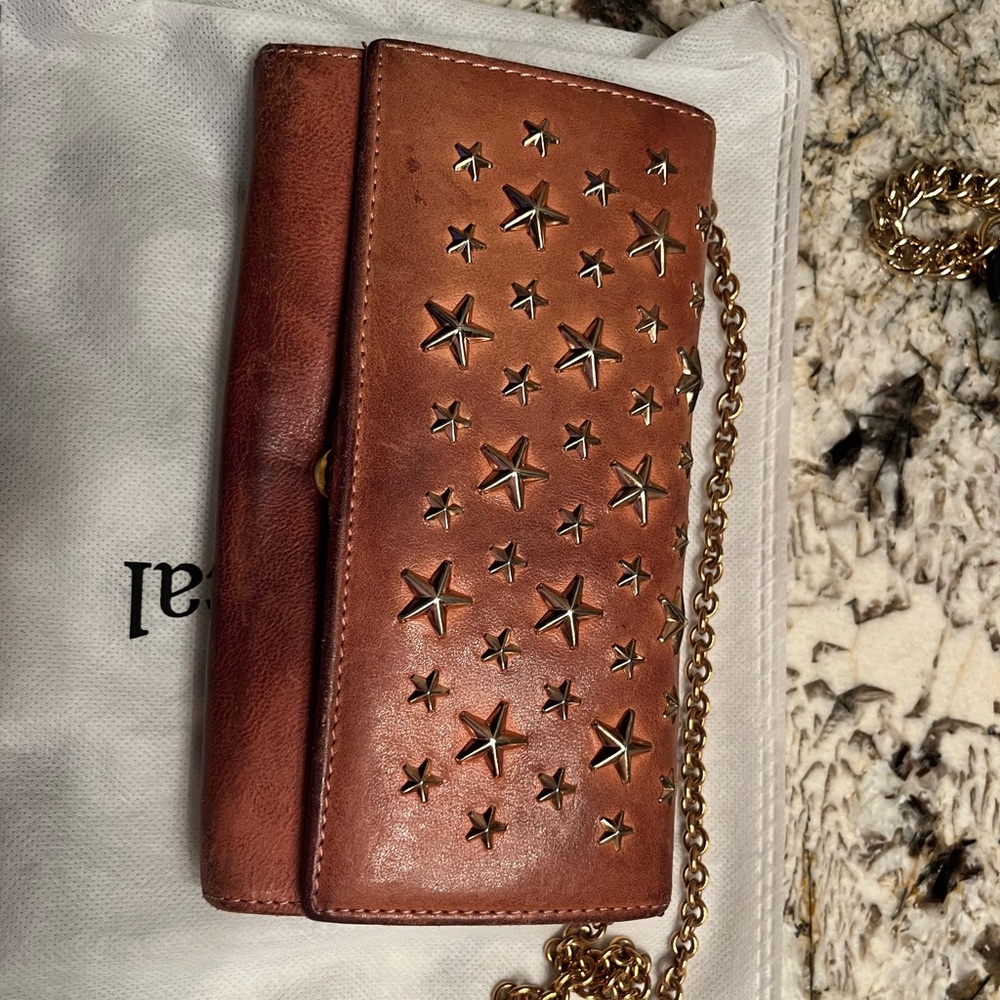 Brown Jimmy Choo, studded star wallet on chain